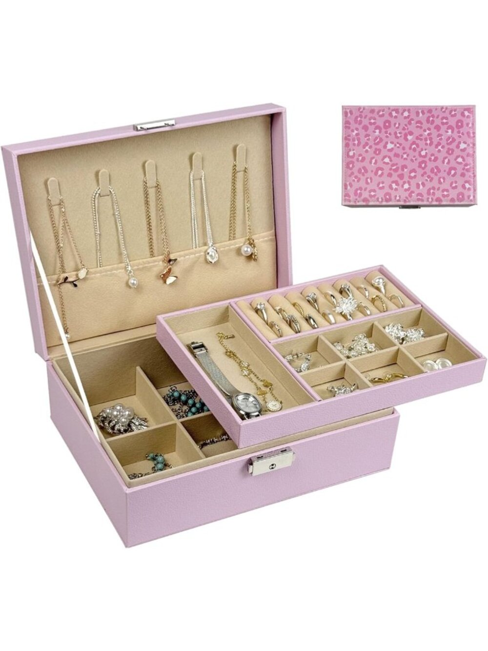 Stylish Double Layer Jewelry Organizer with Lock, Large Capacity for Earrings